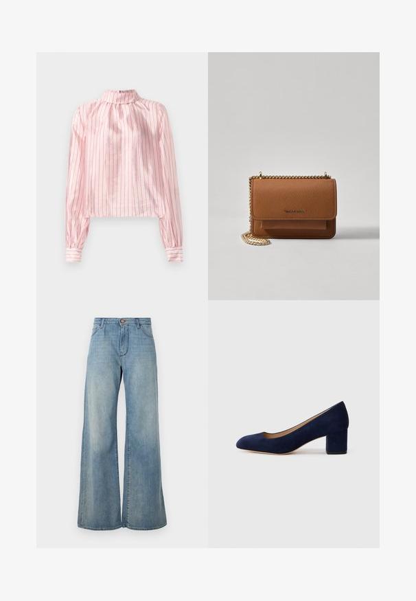 Bluză roz cu dungi, cu guler înalt, mâneci lungi cu manșete cu nasturi și design cropped. Textură netedă cu accente lucioase.; Jeans de denim de culoare albastru deschis, cu croi larg. Prezintă închidere cu buton în față, bucle pentru curea și două buzunare laterale. Design curat, minimalist.; Pantof cu toc din suede bleumarin, cu vârful ascuțit și un toc de înălțime medie în formă de bloc. Textură netedă cu o strălucire subtilă și o mică decupare în față.; Geantă crossbody din piele texturată maro, cu curea din lanț aurit și închidere cu clapetă. Partea din față prezintă detalii cu logo și o buzunar sub clapetă.