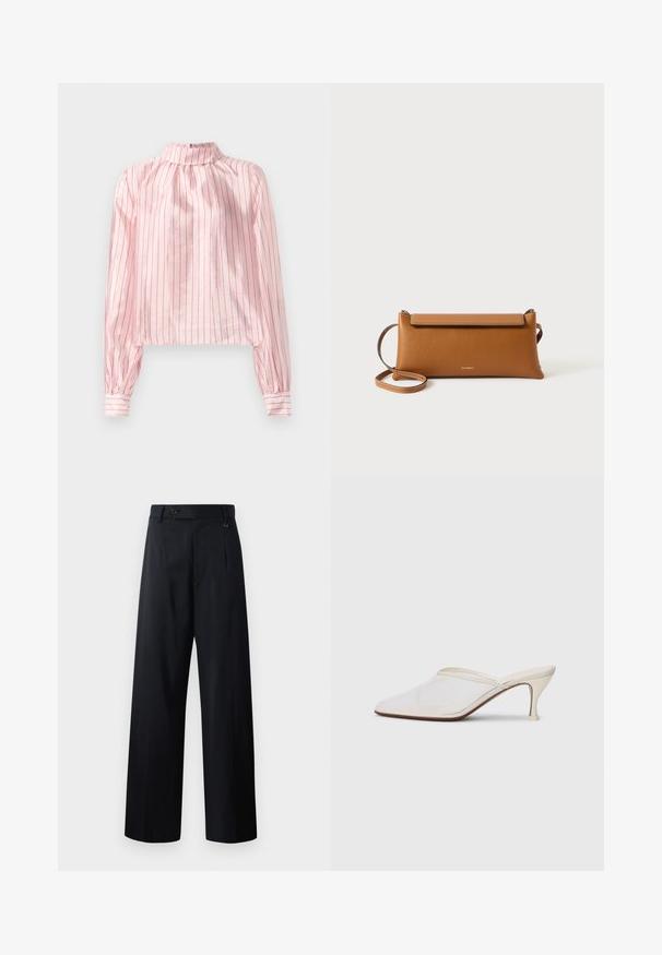 Rózsaszín csíkos blúz, magas gallérral, hosszú ujjal, gombos mandzsettával és cropped fazonnal. Simább textúrájú, fényes részletekkel.; Sötét tengerészkék, bő szárú nadrág, amely gombos záródással, elöl plissékkel és sima, letisztult, szabott dizájnnal rendelkezik.; Fehér hálós, hegyes orrú mules cipő, vékony, középmagas sarkával és slip-on kialakításával, egyszerű háttér előtt.; Barna bőr kézitáska, téglalap alakú, texturált felület, leválasztható pánt, cipzáras záródás, diszkrét logóval a záron.