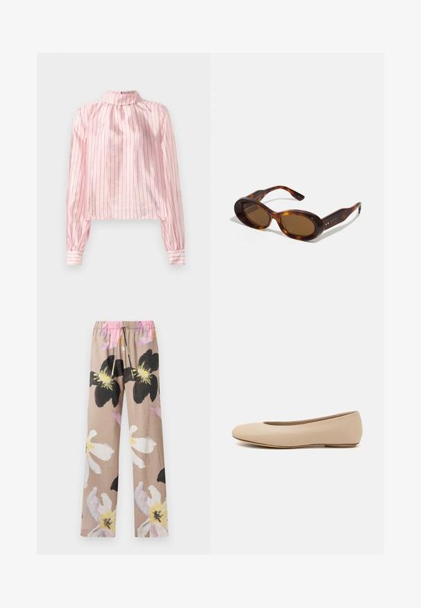 Pink, striped blouse featuring a high collar, long sleeves with buttoned cuffs, and a cropped design. Smooth texture with shiny accents.; Floral print pants in beige with large black and white flower designs, featuring an elastic waistband with a pink drawstring.; Beige leather ballet flat with rounded toe, minimal seam detailing, low heel, and subtle logo on the back. Smooth, matte texture.; Tortoiseshell sunglasses with oval lenses, brown tint, and gold accents on the arms. Thick frames with a glossy finish and smooth texture.