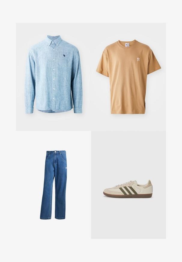 Šviesiai mėlyna marškinėlių polo su tekstūruotu audiniu. Turi apykaklę, ilgomis rankovėmis ir mažą tamsų logotipą ant krūtinės.; Ruda medvilnės marškinėliai su apvaliu kaklu ir trumpomis rankovėmis. Kairėje krūtinės pusėje yra mažas baltas Adidas logotipas. Minkšta tekstūra, laisvas siluetas.; Mėlynos aukštu liemeniu plačios džinsinės kelnės su priekinėmis kišenėmis, diržo kilpos, sagčių uždarymu ir mažu Adidas logotipu dešinėje šlaunyje.; adidas Originals SAMBA OG UNISEX - Sportbačiai - alumina/medium dark khaki/gum