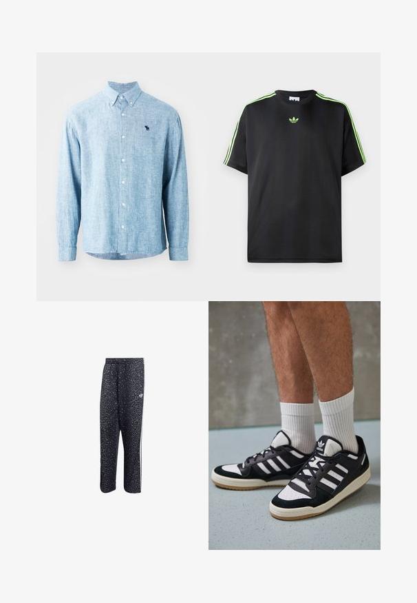 Világoskék gombos ing, texturált anyagból készült. Gallérral, hosszú ujjakkal rendelkezik, és a mellkasán egy kis sötét logó található.; Fekete póló sima anyagból, kerek nyakkivágással, három zöld csíkkal a vállakon és egy kis zöld logóval a mellkason.; Fekete sportnadrág leopárdmintával, fehér háromsávos dizájnnal és egy sportmárka logójával az oldalon.; Fekete-fehér tornacipők velúr és bőr felsőrésszel, három fehér csíkkal, perforált orral és gumi talppal.