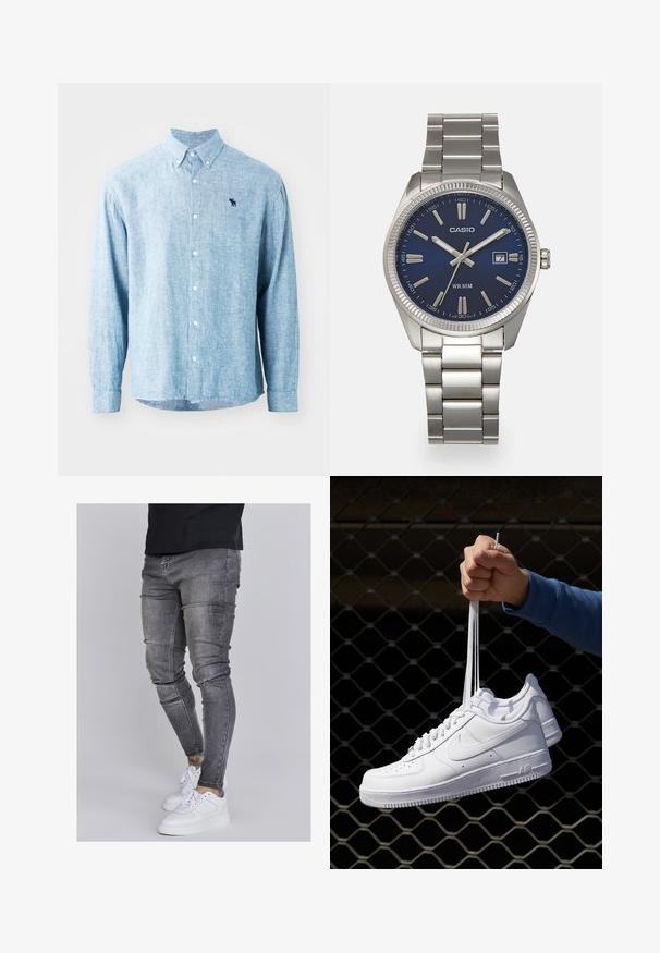 Light blue button-up shirt in a textured fabric. Features a collar, long sleeves, and a small dark logo on the chest.; Skinny jeans in faded gray denim, featuring distressed details at the knees, paired with white sneakers. Smooth texture, slim fit design.; White leather sneakers with perforations, round toe, flat sole, and thick laces, featuring a visible swoosh logo and "AIR" on the heel.; Silver stainless steel wristwatch with a navy blue dial, metallic hour markers, and a date window at 3 o'clock. Water-resistant to 50 meters.