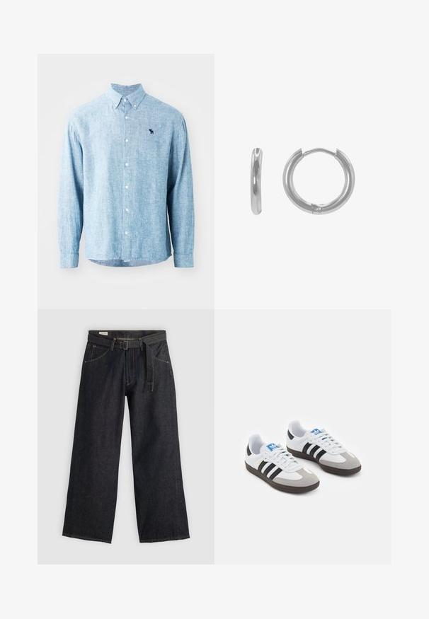 Camicia blu chiaro con bottoni in un tessuto testurizzato. Presenta un colletto, maniche lunghe e un piccolo logo scuro sul petto.; Pantaloni a gamba larga in denim scuro con vita regolabile, dotati di tasche frontali e cuciture a contrasto. Texture liscia con un design pulito.; Scarpe sportive con tomaia in pelle bianca, punta in suede grigia e tre strisce nere. Presentano un logo blu sulla linguetta e una suola in gomma testurizzata.; Orecchino a cerchio in argento con design arrotondato, finitura lucida e un piccolo perno rotondo per la chiusura. Misura circa 2,5 cm di diametro.