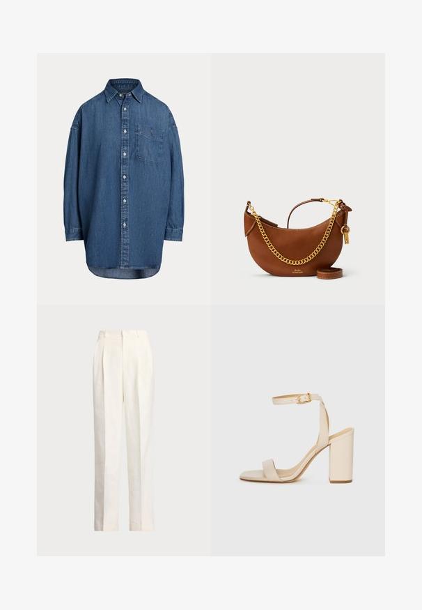 Camisa de ganga abotoada em azul escuro. Apresenta um bolso no peito, mangas longas e um corte descontraído. Detalhes de costura subtis ao longo das costuras.; Polo Ralph Lauren HEMP WIDE LEG PANT - Calças - nevis; Sandalha de salto alto bege com bico quadrado, tira fina no tornozelo e salto bloco. Textura de couro suave com detalhe de fivela dourada.; Bolsa de mão de couro castanho com um design curvado, alça de corrente dourada, bolso interior e uma alça de ombro destacável. Apresenta costura em contraste.