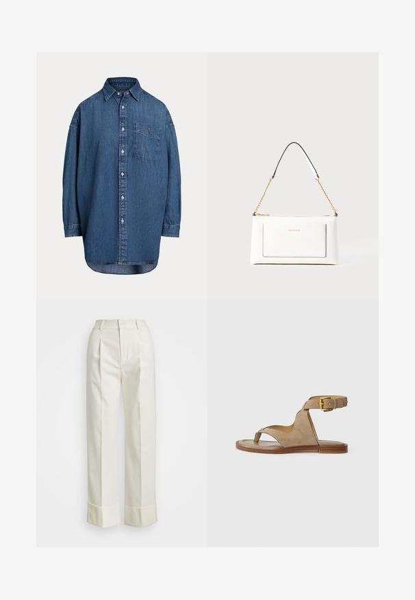 Denim skjorte med knapper i mørkeblå farge. Har en brystlomme, lange ermer og en avslappet passform. Diskrete sømdetaljer langs sømmene.; Hvite skreddersydde bukser med høy midje, doble frontfold, og vide ben med brettede mansjetter. Laget av et glatt, teksturert stoff.; Beige semsket sandal med tåsløyfe, åpne sider og en bred ankelstropp med en gullspenne. Flat brun såle med en lett kant.; Hvit lærveske med teksturert overflate, utstyrt med gullkjede for å bære over skulderen og svarte detaljer. Inkluderer en frontlomme og glidelås.