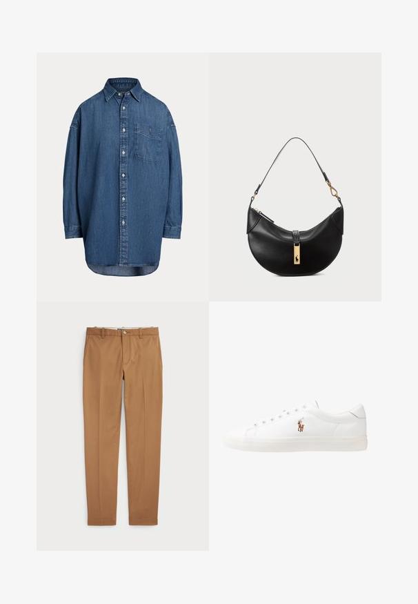 Jeansskjorta i mörkblått. Har en bröstficka, långa ärmar och en avslappnad passform. Diskreta sömnadsdetaljer längs sömmarna.; Bruna bomullshängslen med en slim-fit-design, platt front och standardfickor; mjuk textur och fållade muddar.; Vita lädersneakers, låg design, med en slät yta, rund tå, snörning fram och en liten broderad logotyp på sidan.; Svart läderhandväska i halvmåneform. Har en accent av guldhardware och en smal rem. Slät yta, blixtlåslås upptill.