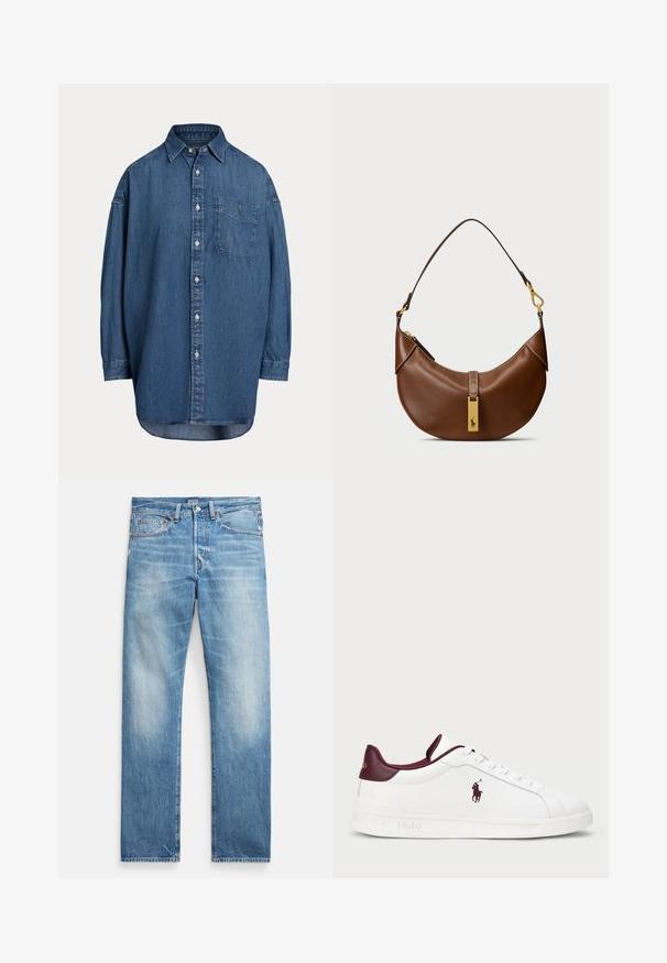 Denim button-up shirt in dark blue. Features a chest pocket, long sleeves, and a relaxed fit. Subtle stitching details along the seams.; Light blue straight-leg denim jeans with slight fading, five-pocket style, metal rivets, and a button fly, Polo brand label on waistband.; White leather sneaker with burgundy accents, round toe, embossed logo, and flat laces. Textured sole and smooth surface detailing.; Brown leather shoulder bag with curved shape, gold hardware, top clasp detail, and a logo accent. Smooth texture with stitched edges.
