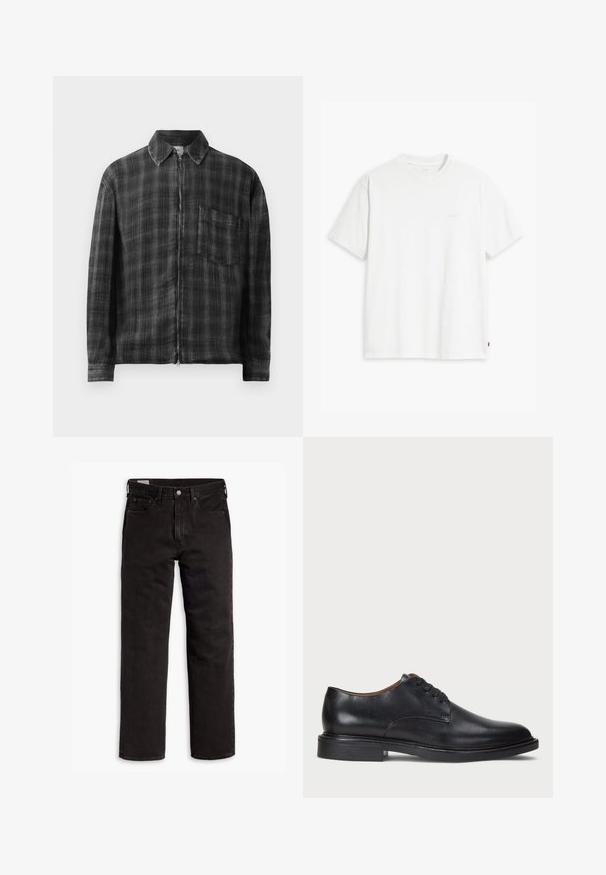 Giacca zip a scacchi nera e grigia con colletto, maniche lunghe e taschino sul petto. Realizzata in un tessuto testurizzato. Dettaglio con zip liscia.; T-shirt bianca in cotone con maniche corte, colletto tondo e logo Levi's discreto stampato al centro. Texture morbida e vestibilità standard.; Jeans in denim neri a gamba dritta con cinque tasche, chiusura a bottone e passanti per cintura, adagiati su uno sfondo bianco.; Scarpa da uomo in pelle nera con punta rotonda, design con lacci e tacco basso impilato. Texture liscia con dettagli di cucitura minimi.