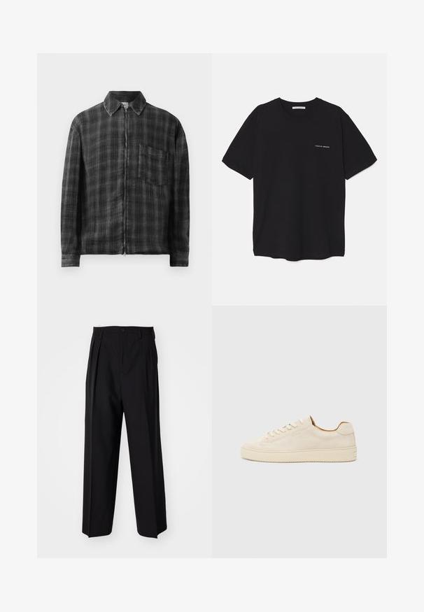 Zwart en grijs geruite ritsjack met een kraag, lange mouwen en een borstzak. Gemaakt van een gestructureerde stof. Soepele ritsafwerking.; Zwarte katoenen T-shirt met een ronde hals, korte mouwen en een witte logo-print op de linkerkant van de borst. Eenvoudig, effen kleur ontwerp.; Zwarte geplooide broeken met een rechte, brede pijpontwerp. Gemaakt van soepele stof, met een knoopsluiting en riemlussen.; Beige suède sneaker met een low-top ontwerp, ronde neus, platte veters en een gestructureerde rubberen zool. Minimalistische stijl zonder zichtbare logo's.