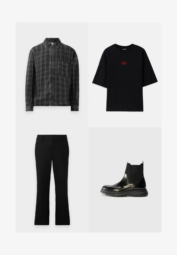 Must ja hall ruuduline kapuutsiga jakki, millel on pikaealised varrukad ja rinna tasku. Valmistatud tekstureeritud kangast. Sile tõmblukk.; Must t-särk lühikeste varrukatega ja ümmarguse kaelusega. Rinnal on punane "SNAKE CHARMER" graafika.; Mustad laiad püksid, mis on valmistatud puuvillase segukanga, millel on nööbikinnitus, vöökohad ja sile tekstuur, ilma nähtavate mustriteta.; Mustad mustad Chelsea saapad, millel on elastsed külgpanelid, ümar nina ja tekstuuriga kummist välistald, millel on haardeks sooned.