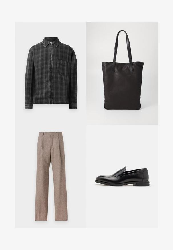 Mustavalkoinen ruudukko-zip-up-takki, jossa on kaulus, pitkät hihat ja rintatasku. Valmistettu teksturoidusta kankaasta. Sujuva vetoketjutie.; Ruskejat, korkeavyötäröiset housut, jotka on valmistettu teksturoidusta kankaasta. Ominaisuuksina ovat leveät lahkeet ja kaksi etupuolelle ommeltua laskosta rakenteen tukemiseksi. Siisti viimeistely ilman näkyvää metalliosaa.; Mustat nahkakengät, joissa on sileä pinta, pyöreä kärki ja koristeellinen nauha jalkapöydän yli. Matala pinoitu koroke, minimalistinen muotoilu.; Mustat kangaskassit mustilla nahkahandleilla. Yksinkertainen muotoilu, tilava runko ja sileä pinta. Ei näkyviä logoja tai kuvioita.