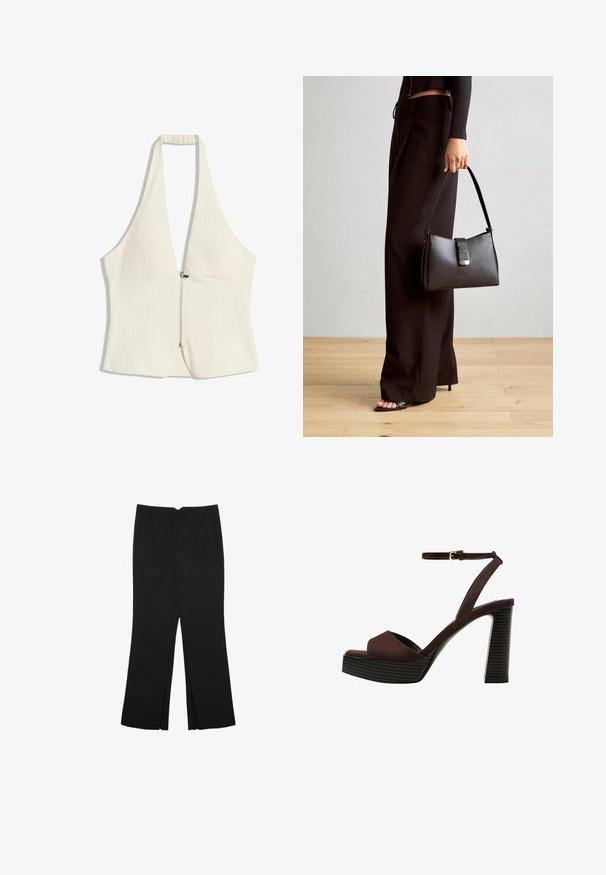 Top s halter izrezom u svijetlo bež boji, s dubokim V-dekolteom i prednjim patentnim zatvaračem. Tkanina ima suptilnu teksturu, s strukturiranim panelima i bez rukava.; Crne hlače ravnog kroja, s prednjim džepovima i bočnim prorezima na rubu. Izrađene od mekog i glatkog materijala. Pogodne za razne prigode.; Smeđe zamšaste sandale s visokim potpeticama, otvorenim prstima, podesivom trakicom oko gležnja i prugastom platformom.; Crna torba s oblikom koji sadrži strukturu, glađu teksturu i metalnu kopču. Uparena s širokim crnim hlačama i sandalama na otvorenom s drvenog poda.