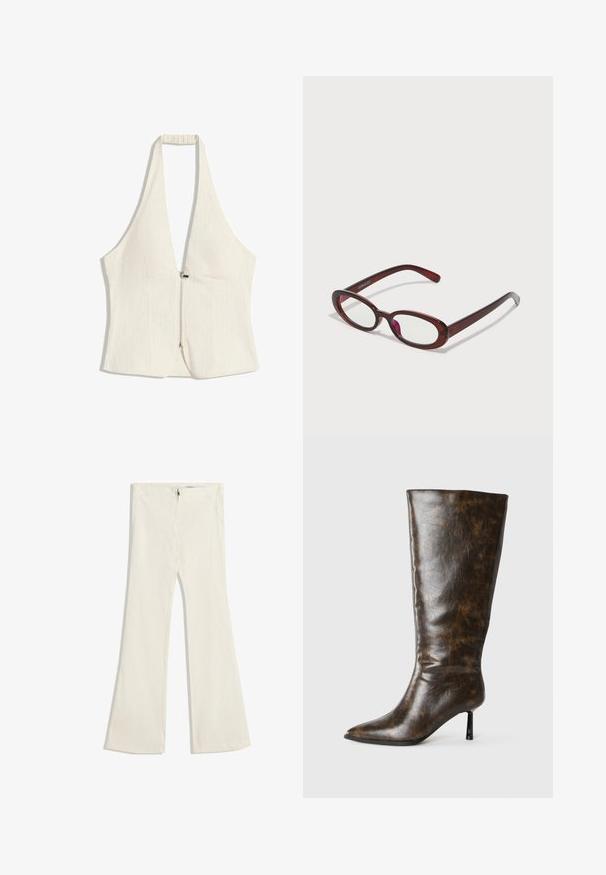 Top halter in beige chiaro, con profondo scollo a V e una zip frontale. Il tessuto presenta una sottile texture, con pannelli strutturati e senza maniche.; Pantaloni svasati in un tessuto beige chiaro con una sottile trama. Presentano una chiusura con cerniera e due tasche sul davanti.; Stivale ginocchiero in pelle marrone invecchiata con punta affusolata e sottile tacco a stiletto su sfondo bianco.; Occhiali da sole rotondi di colore rosso con lenti trasparenti e montatura marrone elegante. Il design presenta curve sottili e hardware minimale.; Borsa a mano in pelle beige con una superficie liscia, manici arrotondati doppi e dettagli con nastri regolabili su entrambi i lati. Presenta finiture in metallo argentato.