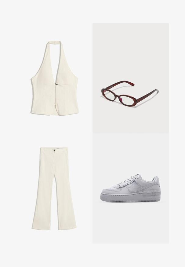 Halter nyakú felső világos bézs színben, mély V-alakú nyakkivágással és elülső cipzárral. Az anyag finom textúrával rendelkezik, állStructured panelekből készült, ujjatlan kivitelben.; Lágy bézs színű, finom textúrájú, harangszárú nadrág. Elöl cipzáras záródással és két zsebbel rendelkezik.; Szürke Nike Air Force 1 sneaker perforált orral, sima bőr felsőrésszel, vastag talppal, és dombornyomott 'AIR' részlettel a sarkán.; Ovális alakú piros napszemüveg átlátszó lencsékkel és karcsú barna kerettel. A dizájn diszkrét íveket és minimális szerelvényeket mutat.; Beige bőr kézitáska sima felülettel, kettős, kerek fogantyúkkal és állítható kötőfékekkel mindkét oldalon. Ezüst színű fémalkatrészekkel rendelkezik.