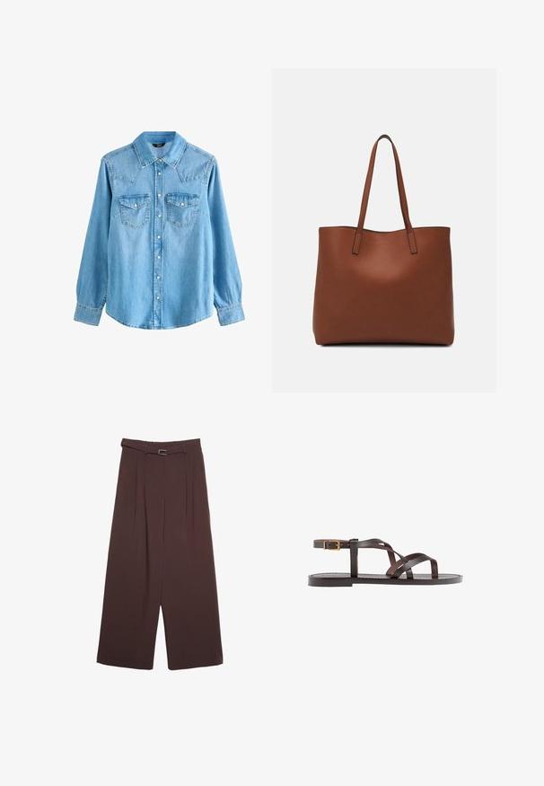 Svetlo modra denim srajca s ostro ovratnikom, dolgimi rokavi, dvema žepoma na prsih in zapenjanjem na pritisne gumbke. Ima nekoliko ohlapen kroj in zahodni stil yoke.; Stradivarius WIDE-LEG WITH BUCKLE DETAIL - Hlače - dark brown; Rjav usnjen sandal z načinom prečnega črta, zaklepom okoli gležnja in ravnim podplatom z minimalnimi šivi.; Rjava usnjena torba z gladko teksturo, odprto zasnovo zgoraj in dvema naramnima trakovoma. Opremljena je z minimalnim šivanjem in brez vidnih kovinskih delov.