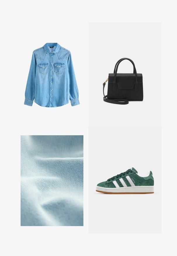 Svetlo modra denim srajca s ostro ovratnikom, dolgimi rokavi, dvema žepoma na prsih in zapenjanjem na pritisne gumbke. Ima nekoliko ohlapen kroj in zahodni stil yoke.; Svetlo modra tkanina z gladko teksturo in fino diagonalno tkanino, ki prikazuje mehke gube in subtilne razlike v odtenku.; Zeleni semiš športni copat z belimi usnjenimi črtami, gumijastim podplatom, oblazinjenim ovratnikom in minimalističnim dizajnom. Na strani je oznaka blagovne znamke.; Črna strukturirana torbica iz usnja z zgornjo ročico, snemljivim naramnim trakom in podrobnostmi na sprednjem pokrovu. Zlati kovinski dodatki.