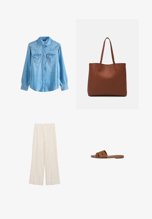 Camicia in denim azzurro chiaro con colletto a punta, maniche lunghe, due tasche sul petto e chiusura a bottoni a pressione. Presenta una vestibilità leggermente morbida e un yoke in stile western.; Pantaloni a gamba larga in tessuto crema, con una texture liscia, vita sartoriale e cuciture pulite. Davanti piatto con orli cuciti due volte.; Sandalo in pelle marrone con fasce incrociate, suola piatta e una texture liscia. Design semplice senza decorazioni o motivi.; Borsa tote in pelle marrone con texture liscia, design con apertura superiore e due spallacci. Presenta cuciture minime e nessun hardware visibile.