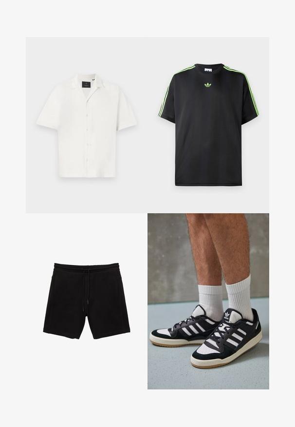 Camicia bianca a maniche corte in tessuto texturizzato, con colletto e chiusura frontale a quattro bottoni. Design minimale senza ulteriori motivi.; T-shirt nera in tessuto liscio con scollatura a girocollo, caratterizzata da tre strisce verdi sulle spalle e un piccolo logo verde sul petto.; Pantaloni sportivi neri in cotone misto. Caratterizzati da una vita elastica con cordino, tasche laterali e una vestibilità rilassata.; Sneaker bianco e nero con tomaia in suede e pelle, caratterizzati da tre strisce bianche, punta perforata e suola in gomma naturale.