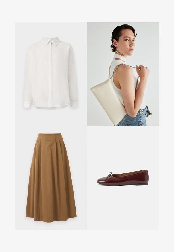 White button-up shirt made of smooth fabric, featuring subtle dot patterns and a classic collar. Long sleeves with buttoned cuffs.; Brown cotton A-line skirt with a high waist, featuring pleats down the front and a smooth texture. Hem finishes are clean and simple.; Burgundy patent leather ballet flat with a rounded toe, small bow accent at the front, and a low, black rubber sole. Smooth texture.; White rectangular clutch bag made of glossy material, featuring a silver chain strap. Model poses, showcasing the bag against a plain background.
