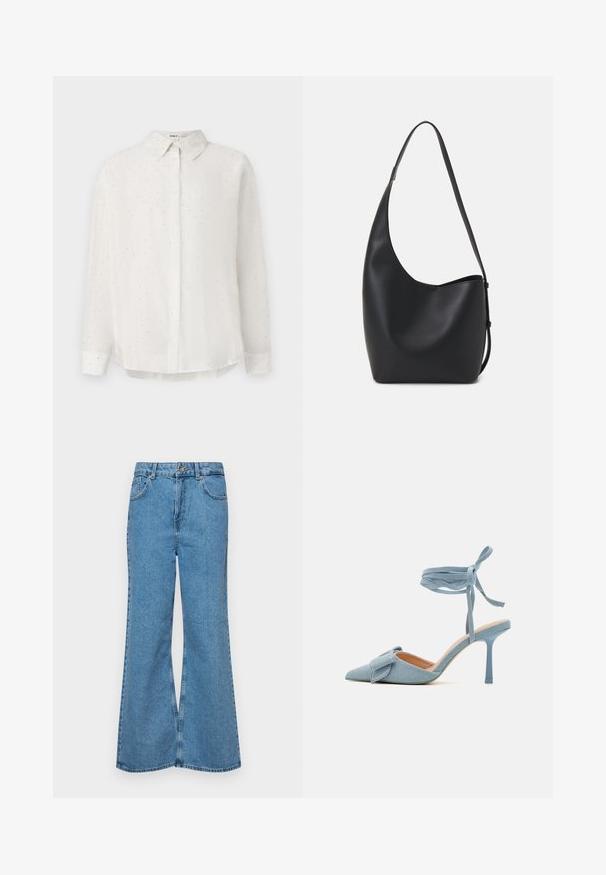 Hvid skjorte med knapper lavet af glat stof, der har subtile prikmønstre og en klassisk krave. Lange ærmer med knapærmer.; Lysblå flagrende jeans lavet af denim, med høj talje, fem lommer og en enkelt knaplukning. Blød tekstur med en falmet finish.; Spidse højhælede sko i lyseblåt stof med tekstureret finish, prydet med en sløjfe og ankelrem for sikker pasform.; Sort læder hobo taske med en glat overflade, buet form og en enkelt justerbar rem; har en bred åbning øverst.