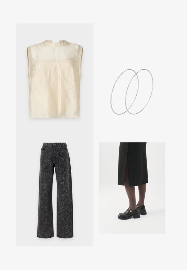 MSCH Copenhagen FAITHE mleczny; Noisy May NMJANNEL czarny denim; Czarne skórzane buty z okrągłym noskiem, grubym blokowym obcasem i elastycznymi akcentami po bokach, zestawione z ciemnymi rajstopami i czarną spódnicą z rozcięciem.; Srebrne kolczyki w formie obręczy o minimalistycznym designie. Okrągły kształt, gładka faktura i cienki profil. Lekkie, z polerowanym wykończeniem.