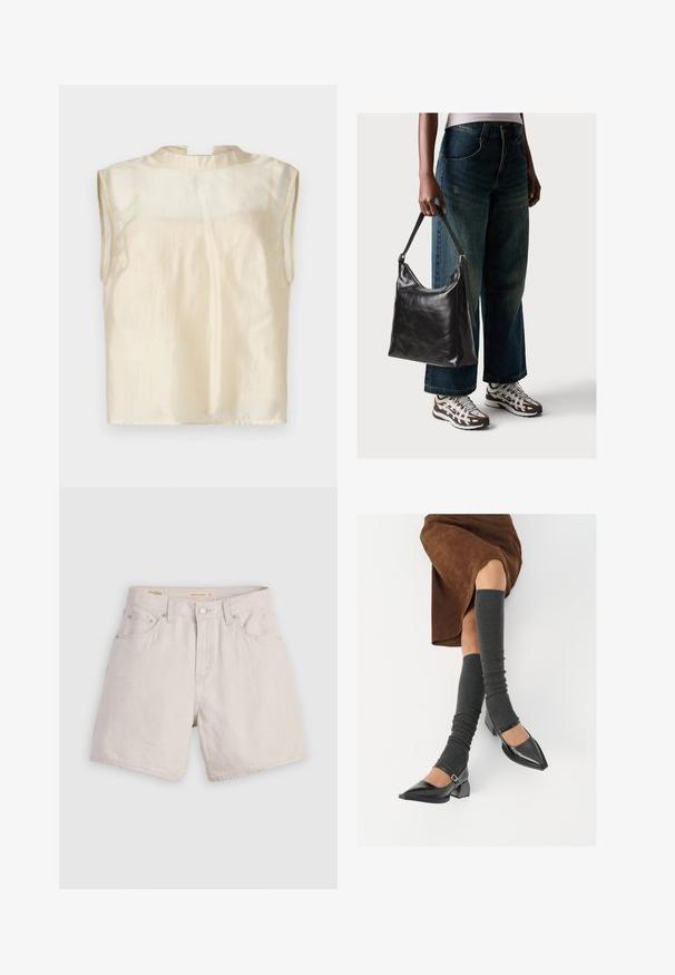 MSCH Copenhagen FAITHE - Top - turtledove; Beige high-waisted denim shorts met een knoopsluiting aan de voorkant, riemlussen en een vijf-pocketontwerp; lichtgewicht met een gladde textuur.; Zwarte gepatineerde leren pumps met een puntige neus, een blokhak en een enkelbandje, gecombineerd met grijze geribde beenwarmers en een bruine suède rok.; Zwarte leren schoudertas met een gladde textuur en een verstelbare strap, gecombineerd met vervaagde wijde jeans en sportieve sneakers.