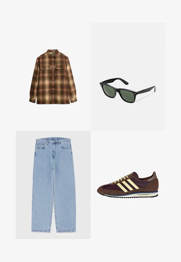 Camisa a rayas en tonos marrón y beige, de manga larga y con botones, que cuenta con dos bolsillos frontales con solapa y un collar.; Jean de mezclilla azul claro con diseño de pierna recta, con una cintura de altura media, cinco bolsillos y un cierre de botón y cremallera.; Deportivas marrones y burdeos con materiales de ante y malla, con tres franjas crema, tela texturizada en la lengüeta y suela de goma.; Gafas de sol de plástico negro con lentes verdes, montura cuadrada, acento plateado en la ceja y brazos texturizados. Marca indicada en el brazo interno.