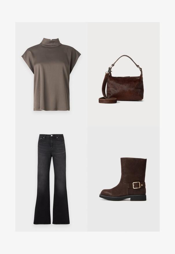 Rjava majica s kratkimi rokavi in visokim ovratnikom, izdelana iz gladkega, lahkotnega materiala ter sproščenega kroja. Enostaven, čist dizajn brez okrasitev.; Črne razširjene kavbojke iz jeansa, z visokim pasom, dizajnom s petimi žepi in rahlim zbledelostjo proti robu nogavic.; Rjavi semiš gležnjača s zaobljenim nosom, ravnim črnim podplatom in zlatim zaponko na strani. Gladka tekstura in preprost dizajn.; Rjava usnjena torbica z mehko, teksturirano krzneno zunanjostjo, elegantne oblike, kratko ročico in snemljivo zaponko.