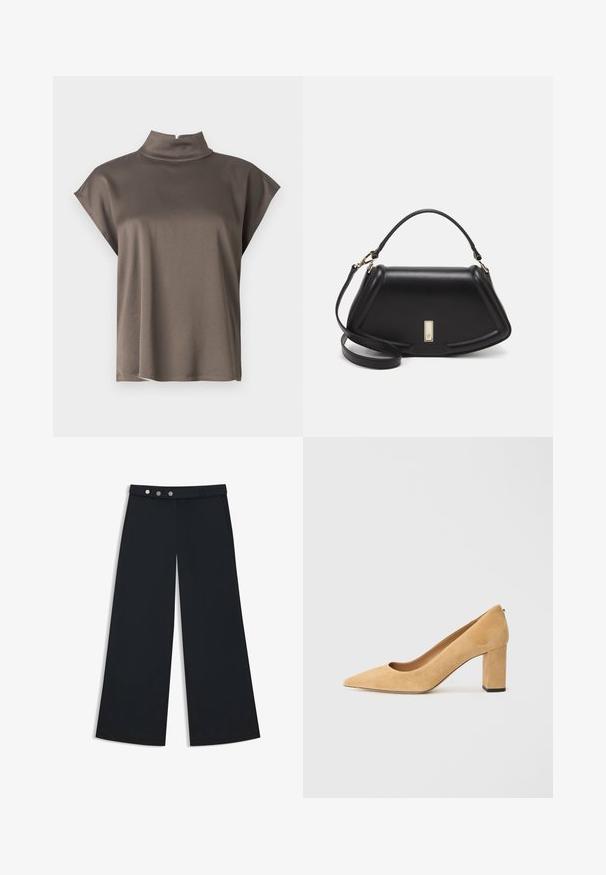 Ruskea lyhythihainen paita, jossa on korkea kaulus, valmistettu sileästä, kevyestä kankaasta ja rento istuvuus. Yksinkertainen, siisti muotoilu ilman koristeita.; Mustat leveälahkeiset housut, joissa on sileä pinta, tasainen vyötärö, kaksoispainike suljenta ja sivutaskut.; Beige mokkanahkainen korkokenkä, jossa on terävä kärki ja paksu lohko-korko. Materiaalissa on pehmeä rakenne ja sileä pinta.; Mustalla nahkalaukulla, jossa on jämäkkä muotoilu, lyhyt malli, yläkahva ja kultaiset yksityiskohdat. Säädettävä olkahihna sisältyy.
