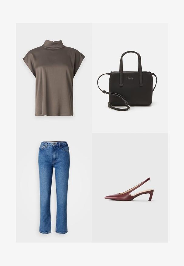 Brūns īsām piedurknēm tops ar augstu apkakli, izgatavots no gludas, vieglas auduma un brīva piegriezuma. Vienkāršs, tīrs dizains bez rotājumiem.; Zilā džinsā ar taisnu kāju griezumu, ar klasisku piecu kabatu dizainu, oranžiem šuvumiem un pogu aizdari.; Burgundijas krāsas slingback papēži ar norādītu purngalu, sānu izgriezumiem un vidēja auguma bloku papēdi. Gluda ādas apdare.; Melns roku soma ar divām īsām rokturiem un noņemamu plecu siksnu. Gluda ādas līdzīga materiāla ar rāvējslēdzēja aizdari un logos detaļu.