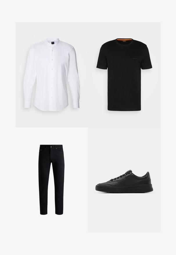 Camisa branca de manga longa com colarinho de banda, fecho frontal com botões e uma textura suave. Apresenta um brilho sutil e uma bainha arredondada.; T-shirt preta de manga curta feita de um tecido macio, com um decote redondo e um logo discreto na frente. A parte interior do colarinho tem um detalhe laranja.; Jeans pretos slim-fit com cinco bolsos, fecho de botão e passantes para cinto, exibidos contra um fundo branco.; Sapatilha preta com parte superior em couro liso, bico arredondado, cadarços planos, colarinho almofadado e design minimalista. Sola de borracha com padrão de tração discreto.