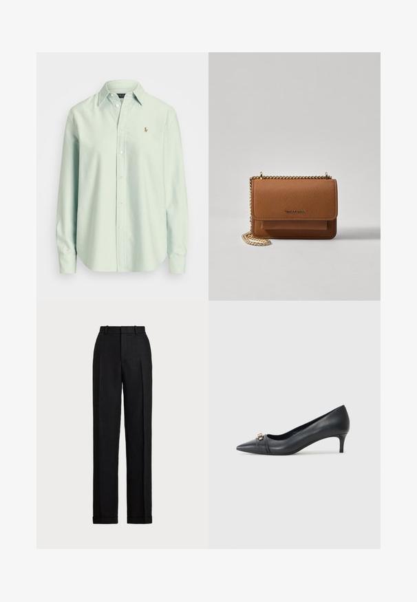 Camisa de botão de manga longa verde menta clara, feita de algodão. Apresenta um colarinho e um pequeno logótipo bordado no peito.; Calças pretas de cintura alta feitas de linho. Apresentam perna reta, pregas riscadas e bainhas dobradas na base. Sem bolsos ou fechos visíveis.; Saber de bico fino em couro preto com um salto baixo, apresentando uma alça texturizada e um detalhe metálico na parte da frente. Superfície suave e design elegante.; Bolsa crossbody de couro texturizado castanho com alça de corrente dourada e fecho com aba. A parte da frente apresenta detalhe do logótipo e um bolso sob a aba.