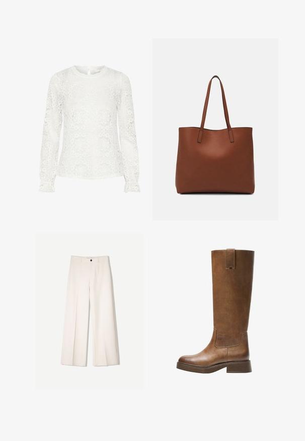 White long-sleeve blouse made of lace fabric featuring a geometric floral pattern, a scalloped neckline, and button closure at the back.; Cream wide-leg trousers with a tailored design, featuring two front pockets and a single front button closure, made from smooth fabric.; Brown leather knee-high boot with a rounded toe, textured surface, and a stacked low heel. Features a side panel and pull tab at the top.; Brown leather tote bag with a smooth texture, open top design, and two shoulder straps. Features minimal stitching and no visible hardware.