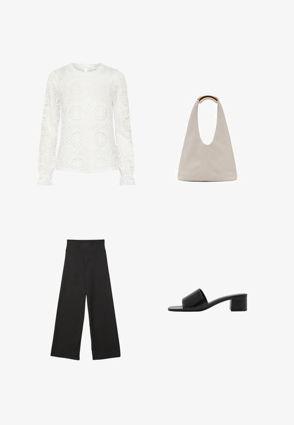 Bijela bluza s dugim rukavima od čipkaste tkanine s geometrijskim cvjetnim uzorkom, zaobljenim dekolteom i kopčanjem na gumbove straga.; Crne široke hlače s visokim elastičnim pojasom, mekanim materijalom i slobodnim krojem, pogodne za ležerno nošenje ili opuštene prostore.; Crne kožne sandale otvorenih prstiju s širokom trakom i čvrstim blok-potpeticom. Imaju glatku teksturu i minimalistički dizajn.; Svijetlosivi kožni torba s oblikom u slovo U i zakrivljenim metalnim drškom. Glatka tekstura s minimalnim šavovima i bez vidljivih uzoraka.