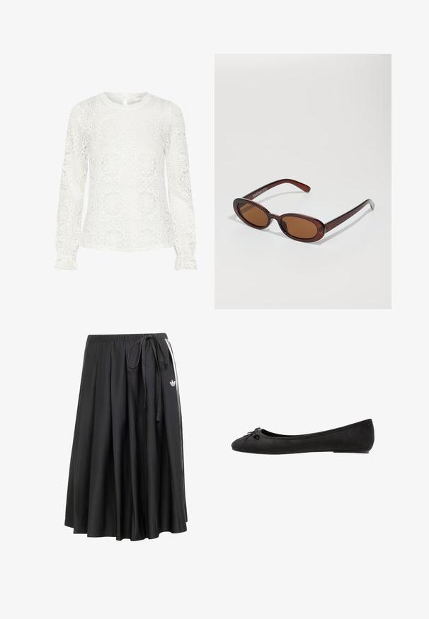 Fehér hosszú ujjú blúz csipkéből, geometrikus kivágásokkal, kerek nyakkivágással és fodros mandzsettával. A hátsó részen kulcslyuk részlet található.; Fekete midi szoknya gumi derékkal, oldalra kötözős kivitelezéssel, fehér csíkokkal és az Adidas háromlevelű logójával a jobb oldalon.; Fekete nubuk balettcipők kerek orrral, elöl díszes masnival és lapos talpformával. Simább textúra és klasszikus forma.; Kerek, barna árnyalatú napszemüveg fényes burgundi kerettel. Karcsú karok diszkrét márkázással. Lapos lencse kialakítás.