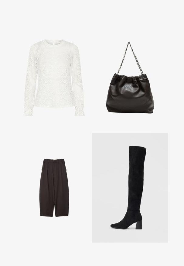 Biela blúzka s dlhým rukávom z čipky, so geometrickými výrezmi, okrúhlym výstrihom a volánovými manžetami. Detail s kľúčovou dierkou na chrbte.; Čierne široké nohavice vyrobené z hladkej tkaniny, s vysokým pásom, prednými skladmi a bočnými vreckami. Jednoduchý dizajn bez ozdôb.; Čierna semišová kozačka po kolená s blokovým podpätkom, špicatou špičkou a hladkým, bezšvovým dizajnom na jednoduchom svetlom pozadí.; Hnedá kožená taška so zberaným vrchom a reťazovým popruhom. Hladký povrch s lesklým finišom a jemným švom po stranách.