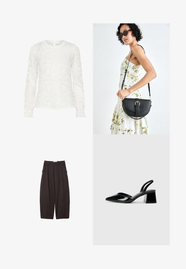 Blouse blanche à manches longues en dentelle, avec des motifs découpés géométriques, un col rond et des poignets froncés. Détail de dos en forme de clé.; Pantalons larges noirs en tissu lisse, avec une taille haute, des plis avant et des poches latérales. Design simple sans embellissements.; Escarpins en cuir verni noir avec bout pointu et talon bloc géométrique. Présente un design élégant et minimaliste ainsi qu'une texture lisse.; Sac à main en cuir noir avec une forme courbée, bandoulière amovible et des accessoires en or. Le sac est doté d'un rabat avec un détail de boucle.