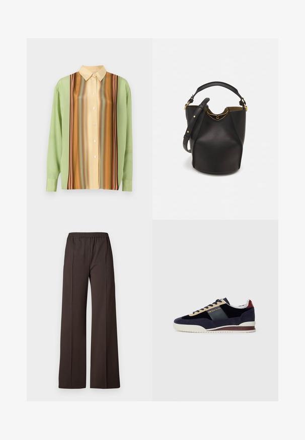 Šviesiai žalia ir kreminės geltonos spalvos ilgomis rankovėmis marškiniai, su vertikaliomis rudomis, oranžinėmis ir raudonomis dryžiais; penki mygtukai priekyje.; Tamsiai rudos spalvos plačios kelnių kelnės iš elastinės medžiagos, turinčios lygų paviršių ir švarias linijas, suteikiančias pritaikytą išvaizdą.; Jūrų melsvi velveto sportbačiai su smėlio ir tamsiai mėlynomis detalėmis. Turi baltą gumos pabanduką ir auksinius logotipus šone. Klasikinis sportinis dizainas.; Juodas odinis kibiro tipo krepšys su tekstūruotu paviršiumi, auksiniais detalėmis ir atvira viršūne. Yra trumpa rankena ir reguliuojama petneša.