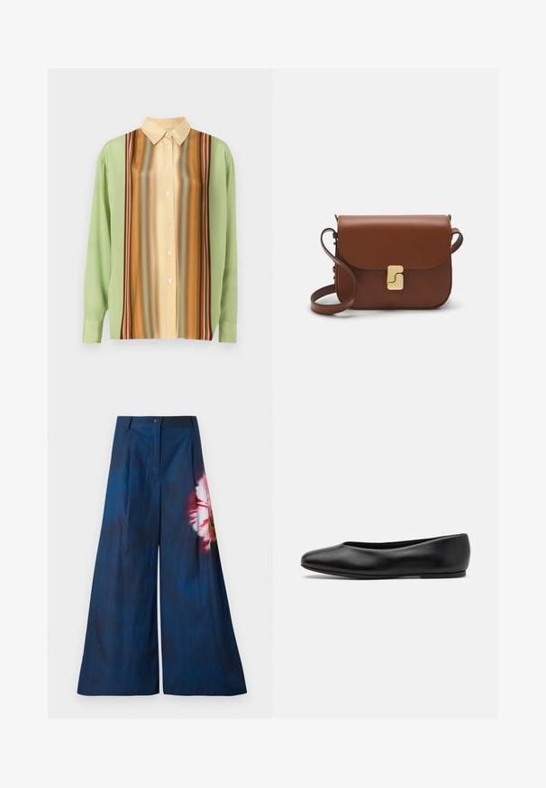 Majica z dolgimi rokavi v svetlo zeleni in kremno rumeni barvi, z navpičnimi črtami v rjavi, oranžni in rdeči; pet gumbov po sprednji strani.; Široke hlače v temno modri tkanini, ki imajo rožnati in rumeni cvetlični vzorec na eni strani, z gumbom za zapiranje v predelu pasu.; Paul Smith TOPANGA - Balerinke - black; Rjava usnjena torbica s poklopcem, zlato obarvani okovi, naramnica in gladka tekstura. Kompaktna pravokotna oblika.