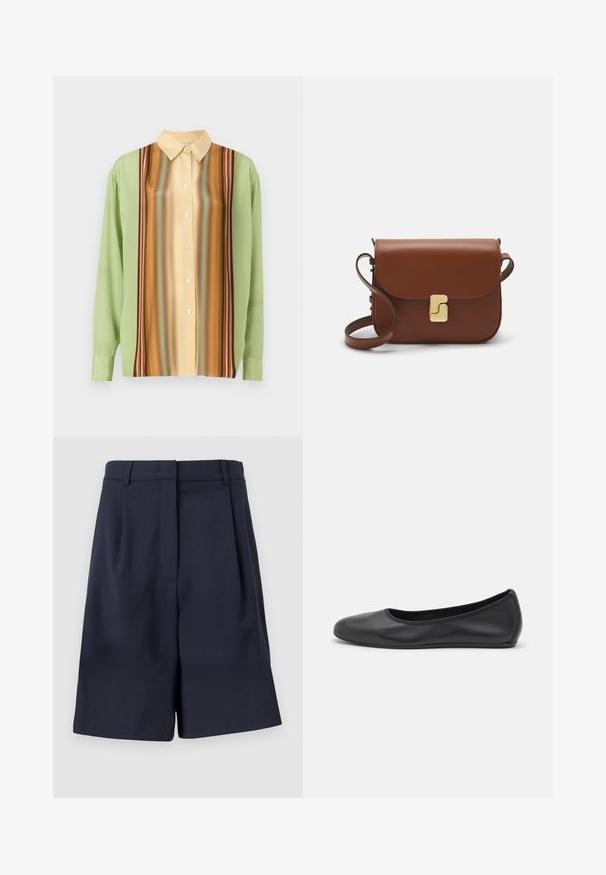 Hosszú ujjú ing világoszöld és krémsárga színben, függőleges csíkos mintázattal barna, narancs és piros színekben; öt gomb a mellrészen.; Sötétkék, testre szabott rövidnadrág, sima anyagból, magas derékkal, elöl pliszírozva, és oldalsó zsebekkel. Tiszta, jól definiált sziluett.; Fekete bőr balettcipő lekerekített orral, sima tekstúrával, minimális varrással és rugalmas talp kialakítással.; Barna bőr kézitáska, hajtókás zárással, arany színű fém kiegészítőkkel, vállpánttal és sima felülettel. Kompakt téglalap alakú.