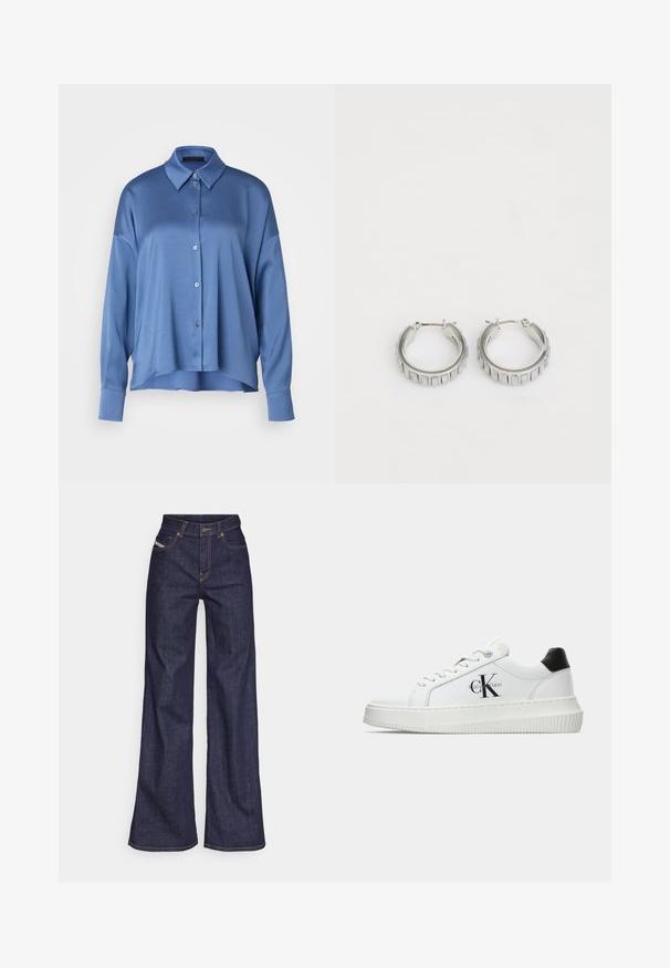 DRYKORN CLOELIA - Blúzka so zapínaním na gombíky - blue-grey; Tmavomodré široké džínsy z denimu s vysokým pásom, zdobené oranžovým šitím, päť vreckovým dizajnom a zapínaním na gombík.; Biele nízke tenisky s čiernym pätkovým dielom, platformovou podrážkou, šnúrkami a logom "CK" značky Calvin Klein na boku.; Strieborné kruhové náušnice s textúrovaným dizajnom, ktorý obsahuje vertikálne ryhy. Obdĺžnikový tvar so zabezpečovacím uzáverom. Hladký povrch.