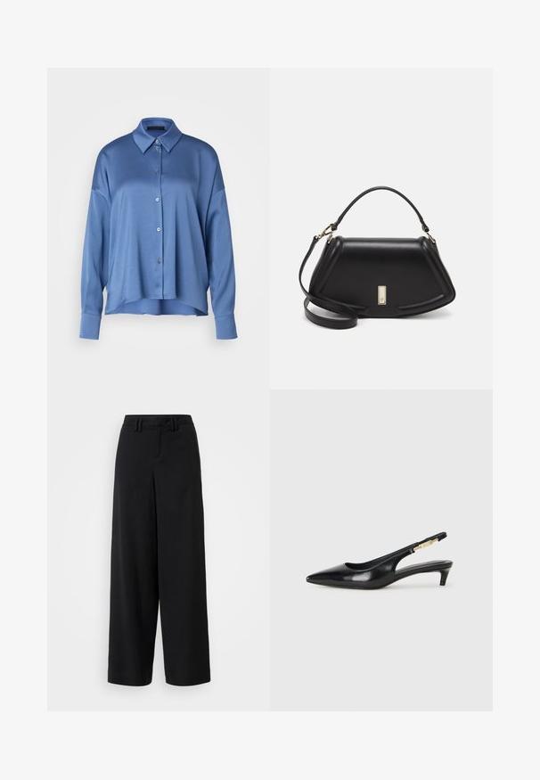 DRYKORN CLOELIA - Button-down blouse - blue-grey; Black wide-leg trousers made of smooth fabric, featuring a flat-front design, pleated details, and belt loops at the waistband.; Black leather slingback heels with a pointed toe, featuring a slim heel and a gold-tone accent on the adjustable strap. Smooth texture.; Black leather handbag with a structured design, featuring a cropped shape, top handle, and gold hardware accent. Adjustable shoulder strap included.