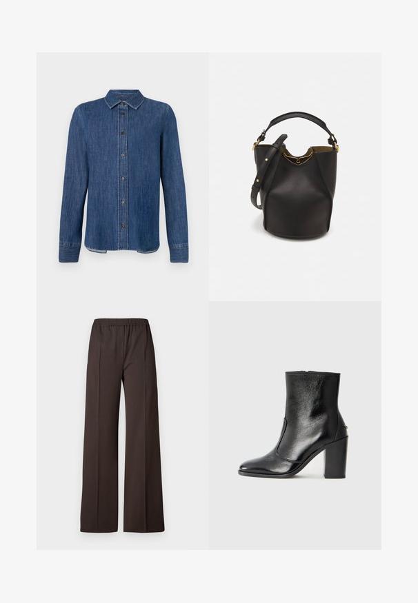 Tmavomodrá džínsová košeľa s dlhými rukávmi, zapínaním na gombíky vpredu, klasickým golierom a viditeľným šitím. Má rovný lem s jemným zakrivením po stranách.; Široké nohavice v tmavohnedej látke s elastickým pásom, s hladkou štruktúrou a čistými líniami pre upravený vzhľad.; Čierna kožená kotníková obuv s hladkým povrchom, špicatou špičkou a masívnym vysokým podpätkom. Zdobená bočným otvorom a minimalistickým dizajnom.; Čierna kožená vedro taška s textúrovaným povrchom, zlatými kovovými detailami a otvoreným vrcholom. Obsahuje krátku rukoväť a nastaviteľný ramenný popruh.