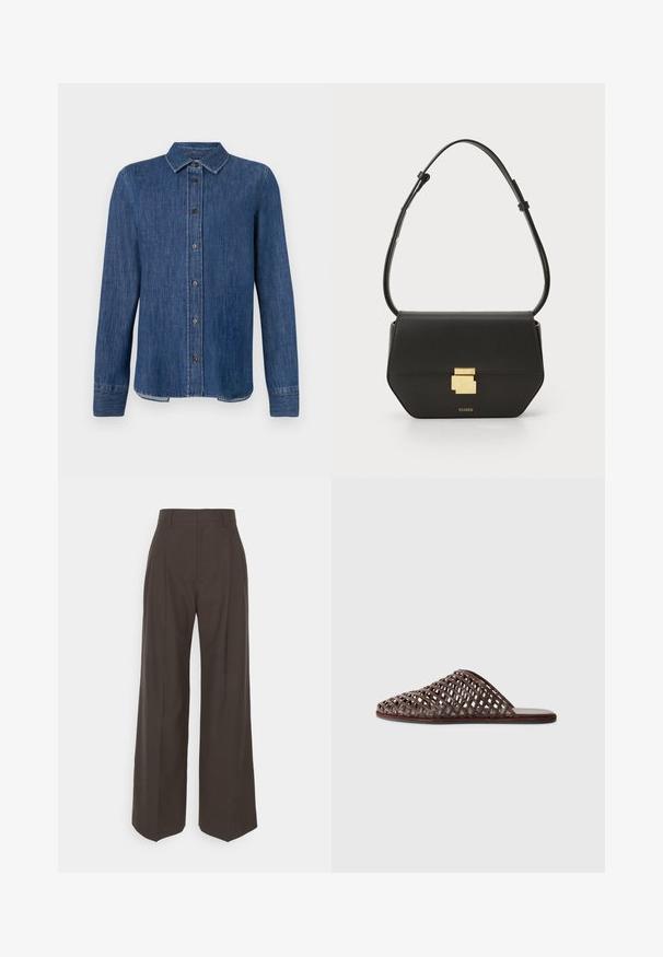 Dark blue denim shirt with long sleeves, button-down front, classic collar, and visible stitching. Features a straight hem with slight curve at sides.; Dark brown wide-leg trousers with a high waist, featuring neatly pressed creases, smooth texture, and a tailored fit.; Brown woven slide sandal with a rounded toe, open design, flat sole, and textured surface. Lightweight material and minimalist silhouette.; CLOSED CLOSED ONE - Cross body bag - black