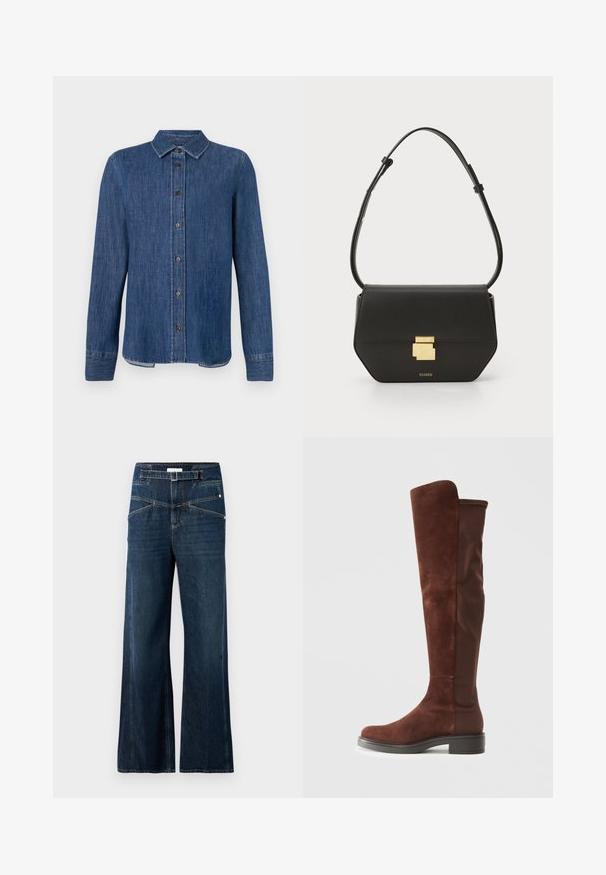Tamsiai mėlyna džinsinė marškinė su ilgomis rankovėmis, mygtukų uždarymu priekyje, klasikinio tipo apykakle ir matoma siūlių apdaila. Turi tiesų kraštą su šiek tiek užapvalintomis šoninėmis dalimis.; Plačios džinsinės kelnės iš tamsiai mėlyno džinsinio audinio, turinčios aukštą juosmenį, dvi priekinės kišenės ir kontrastingo siuvimo detales.; Aukšta ruda zomšos ir audinio batai su žemu juodu kulnu ir apvaliu pirštu, pavaizduoti šoninėje pusėje ant švaraus balto fono.; CLOSED CLOSED ONE - Rankinė per petį - black