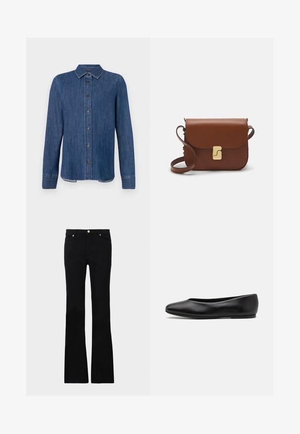 Dark blue denim shirt with long sleeves, button-down front, classic collar, and visible stitching. Features a straight hem with slight curve at sides.; Black flared jeans made of denim, featuring two front pockets, a button closure, and a smooth texture. Signature stitching visible at seams.; Paul Smith TOPANGA - Ballet pumps - black; Brown leather handbag with a flap closure, gold-tone hardware, a shoulder strap, and a smooth texture. Compact rectangular shape.