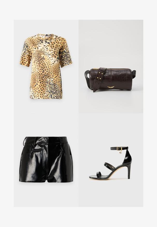Leoparda raksta īsajām piedurknēm blūze ar apaļu kaklu, mīkstu audumu un brīvu piegriezumu, izceļoties ar dažādiem brūna un melnā toņu rakstiem.; Melnas, spīdīgas šorti, izgatavoti no sintētiskā materiāla. Iezīmētais viduklis, jostas cilpas un priekšējās kabatas ar izteiktām šuvju detaļām.; Melnas lakota ādas sandalēs ar trim siksnām, potītes sprādzi un 4 collu stiletto papēdi. Iespējas ar zelta detaļām un logotipa piekariņu.; Brūna krokodila ādas soma ar cilindrisku formu, zelta toni aparatūru un noņemamu siksnu ar studiem.