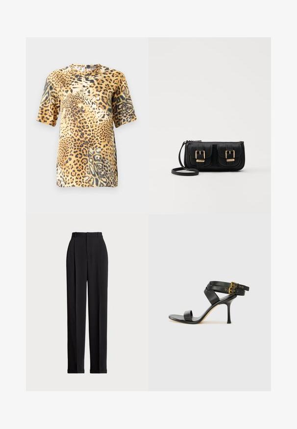 Blúzka s krátkym rukávom s leopardím vzorom má okrúhly výstrih, mäkkú látku a voľný strih, ktorý zobrazuje rôzne odtiene hnedej a čiernej.; Čierne prispôsobené nohavice s vysokým pásom, prednými záhybmi, rovnými nohavicami a manžetami na leme. Vyrobené z hladkej tkaniny.; Čierne sandále na podpätku s prekríženými popruhmi a nastaviteľnou prackou. Majú hladkú textúru a zúžený stiletto podpätok.; Čierna kožená crossbody taška s dvoma prednými vreckami, zlatými sponami, zipsovým uzatváraním a úzkym popruhom. Štruktúrovaný povrch a kompaktný obdĺžnikový tvar.