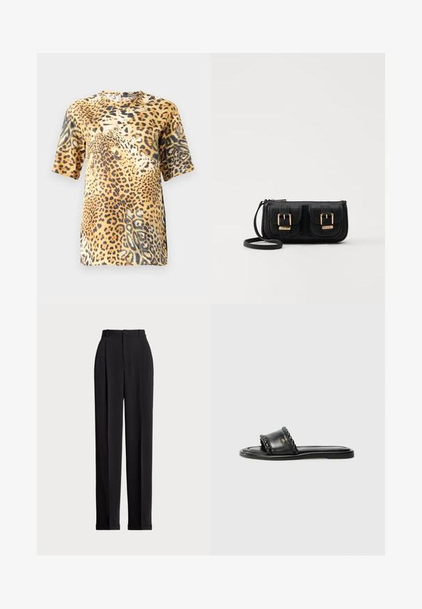 Blusa a maniche corte con stampa leopardata che presenta un collo rotondo, tessuto morbido e una vestibilità ampia, mettendo in evidenza diverse tonalità di marrone e nero.; Pantaloni neri su misura a vita alta, con pieghe frontali, design a gamba dritta e orlo con risvolto. Realizzati in tessuto morbido.; Sandal in pelle nera con dettaglio a strappo intrecciato, suola piatta e design elegante. Texture liscia e profilo minimalista.; Borsa a tracolla nera in pelle con due tasche frontali, fibbie dorate, chiusura con zip e una tracolla sottile. Superficie texturizzata e forma rettangolare compatta.