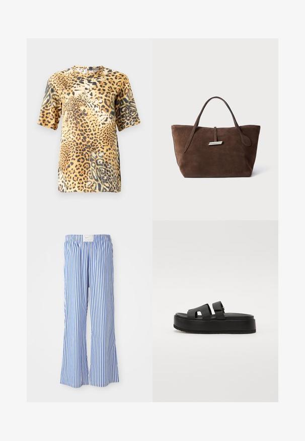 Leopard print short-sleeve blouse features a round neck, soft fabric, and a loose fit, showcasing various shades of brown and black patterns.; Blue and white striped trousers with a relaxed fit, made of lightweight fabric, featuring an elastic waistband and a subtle logo tag.; Black platform sandals with two wide straps, made of smooth material. Features a chunky sole with a textured bottom for grip.; Brown suede tote bag with two soft handles, a vertical strap with a silver accent, and a wide, open top. Smooth texture, minimalist design.